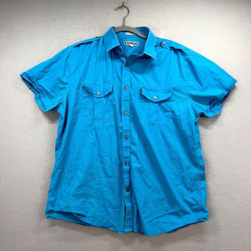 Express Fitted Shirt Mens Large 16-16.5 Blue Epaulette Short Sleeve Button Up